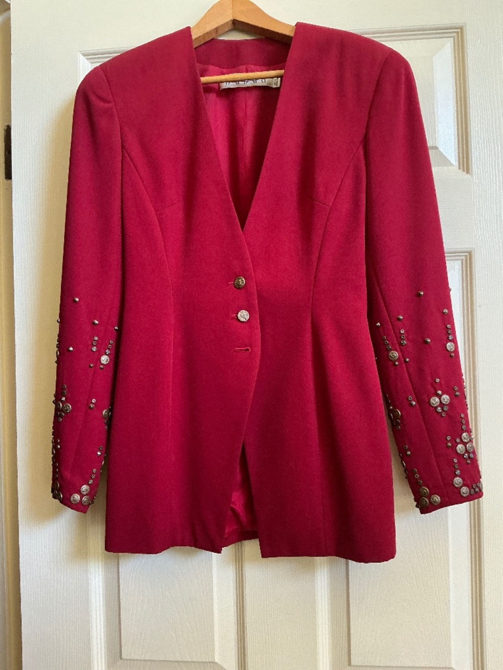 Tahari, dark red blazer with bronze decorations